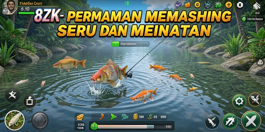Screenshot gameplay 8ZK menunjukkan petualangan memancing yang seru.