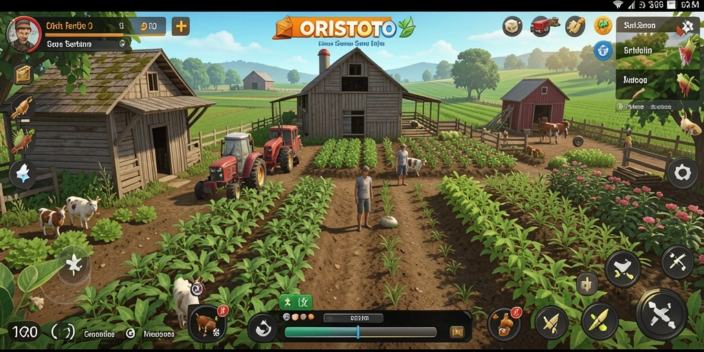 Tampilan gameplay ORISTOTO dengan sawah subur dan hewan peliharaan.